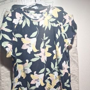 Navy Floral Short Sleeve Top with Pastel Blooms